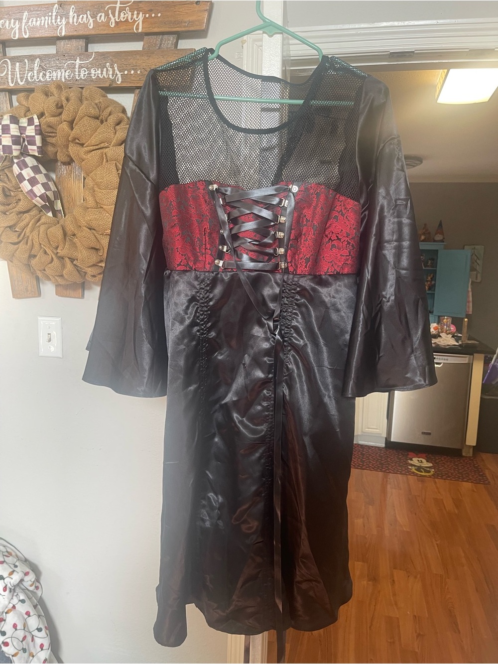Vintage Goth Satin Dress with Red Lace Corset Detail.